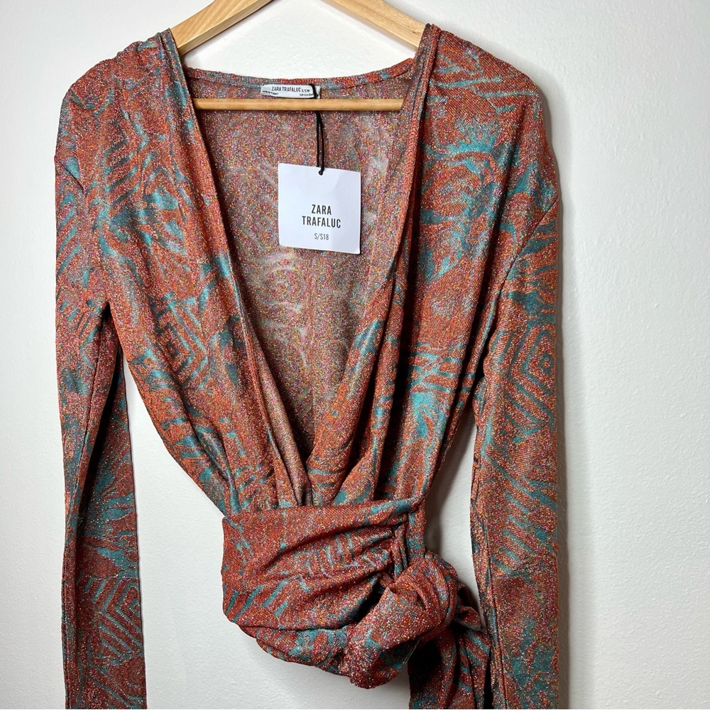 Zara Trafaluc long sleeve wrap blouse with bow size Small, metallic orange/teal